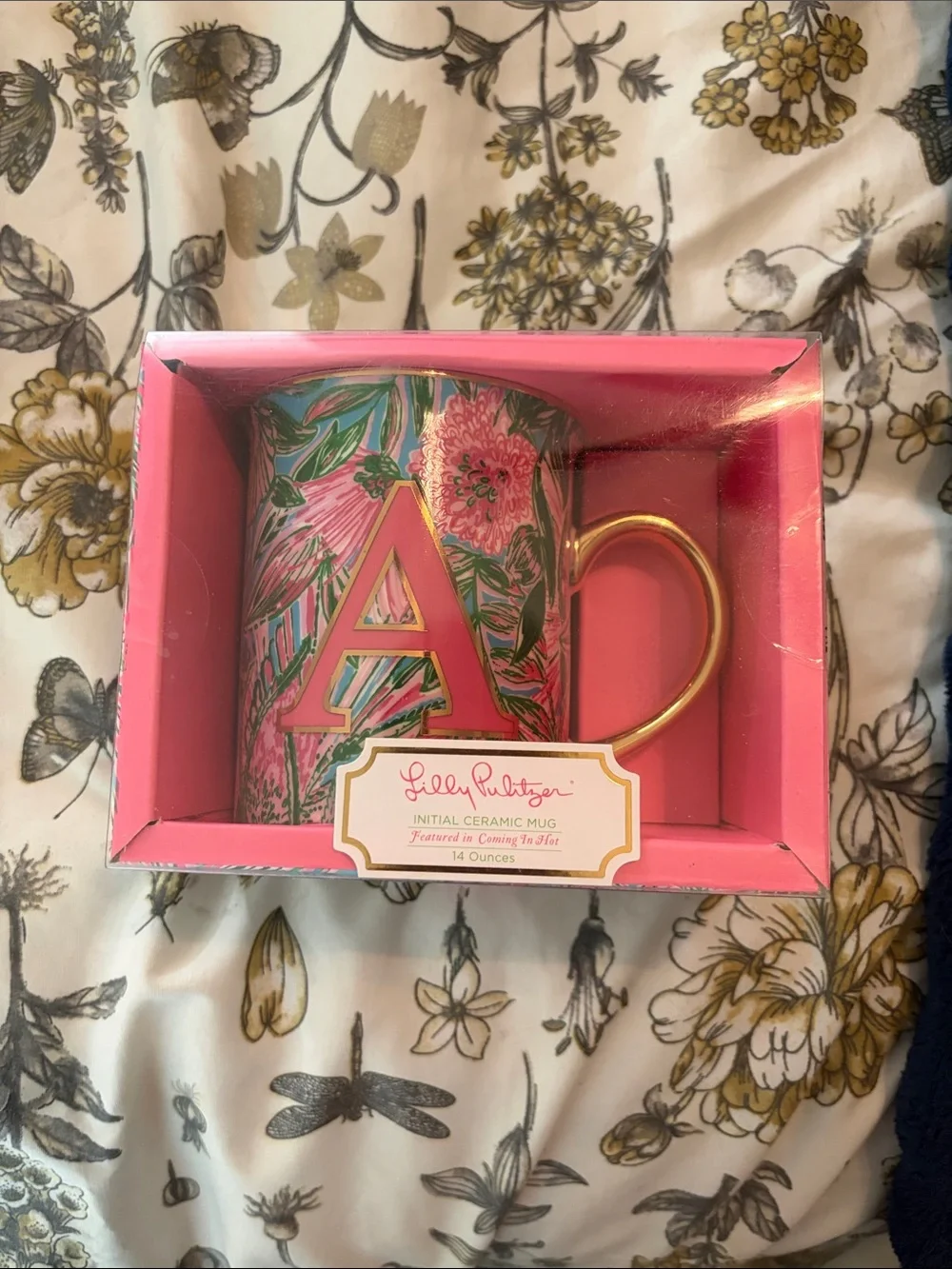 Lilly Pulitzer Pink & Green Floral Ceramic Mug with Gold Handle - Initial A